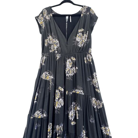 FREE PEOPLE Black All I Got Floral Tiered Flared Maxi Long Dress Size 12 0 - Picture 10 of 11
